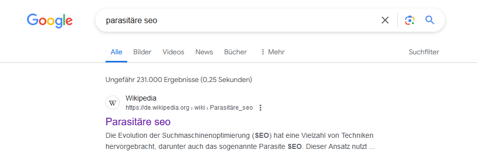 Beweis: Position 1 in den Google-SERPs für das Keyword Parasitäre SEO