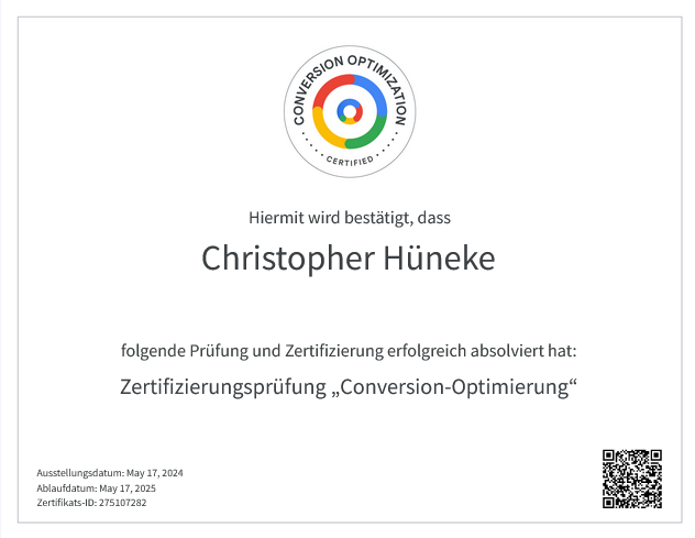Google Zertifizierung: Konversionsratenoptimierung (Christopher Hüneke)
